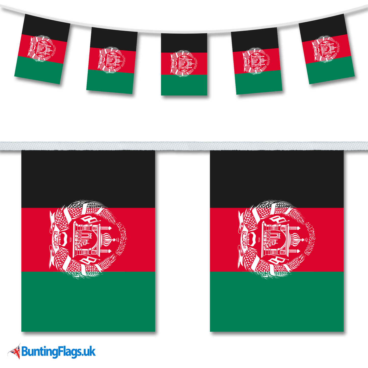 Afghanistan National Flag Bunting - showing the Afghan Flag on a length of bunting