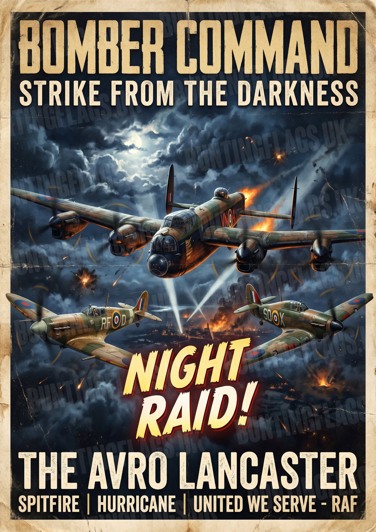 Bomber Command – Strike from the Darkness – Avro Lancaster, Spitfire & Hurricane – Vintage WWII Poster