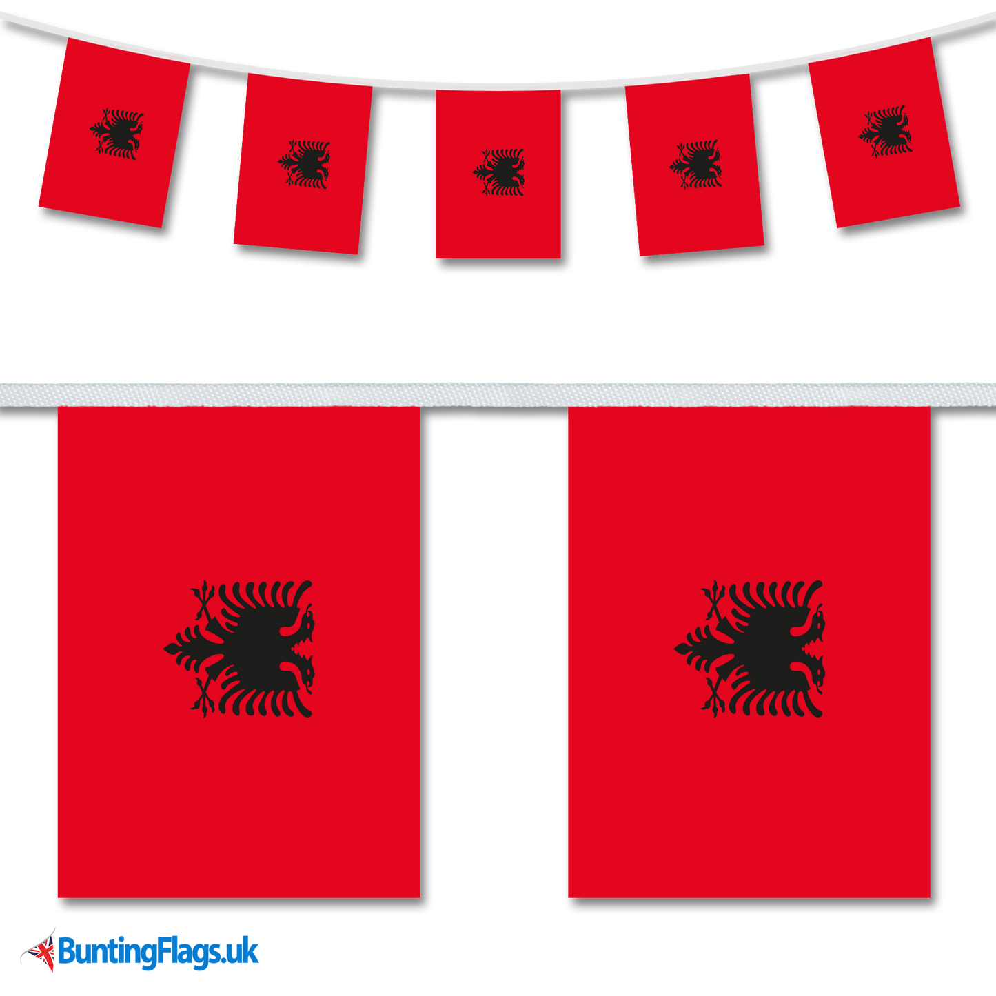"Albania National flag bunting hanging in a length, along with a close-up view showcasing the flag's design."
