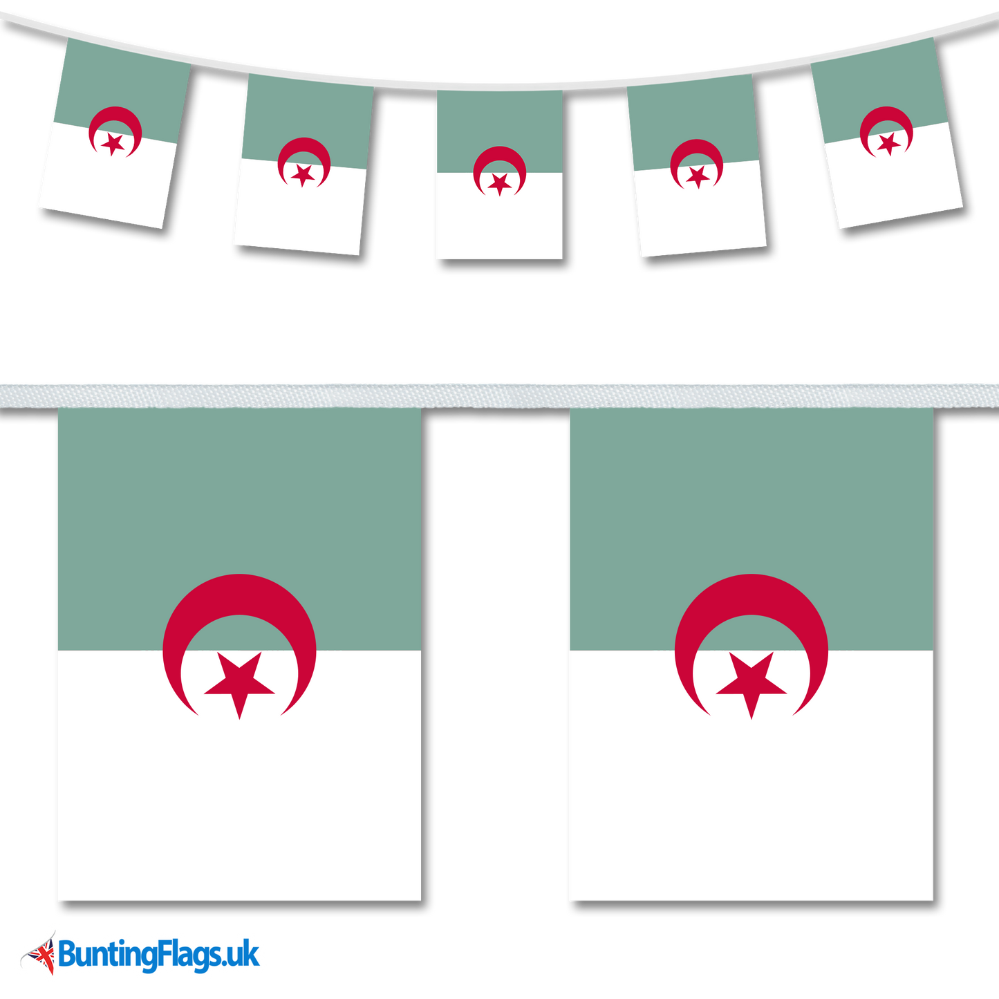 “Algeria National flag bunting hanging in a length, along with a close-up view showcasing the flag's design."