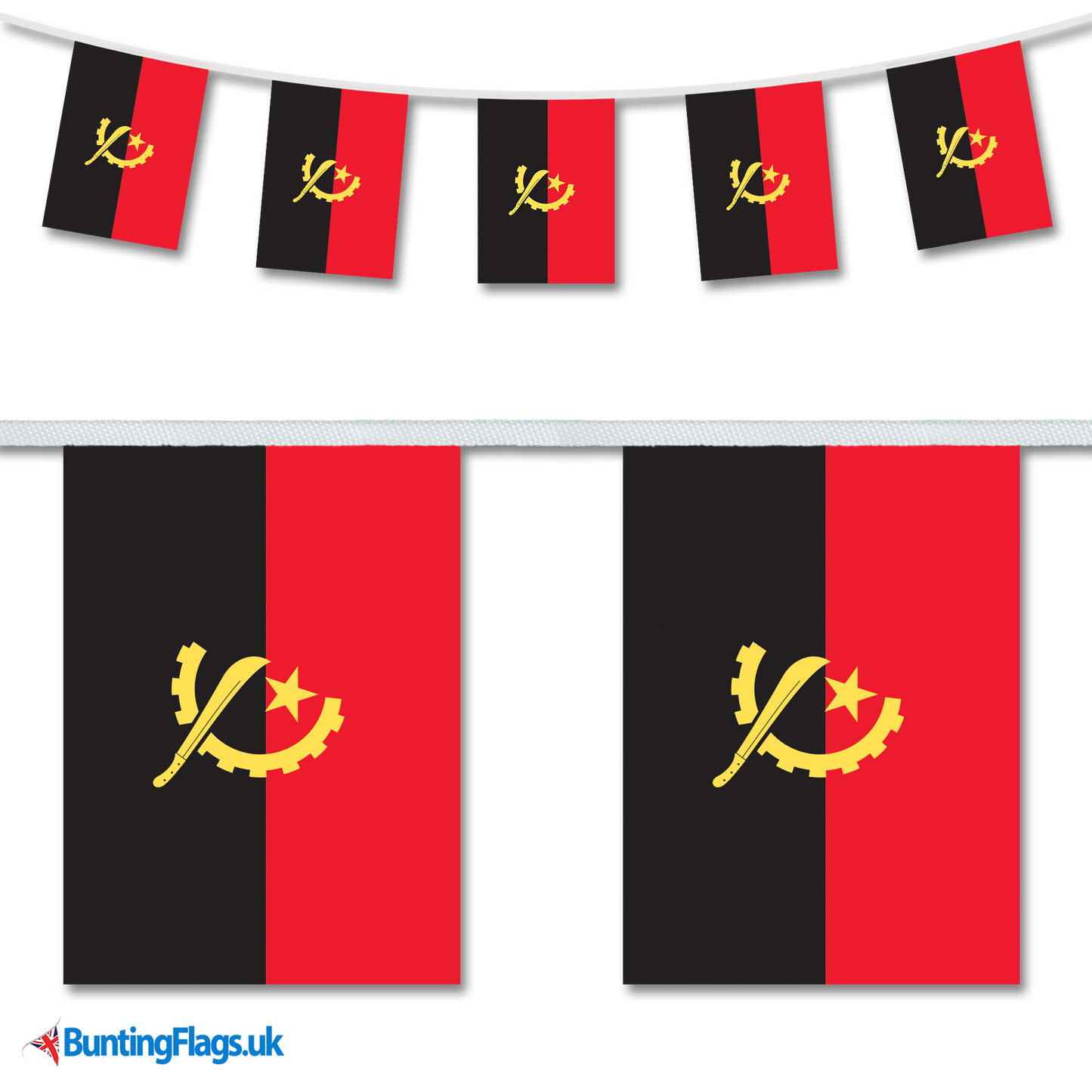 Angola country flag bunting hanging in a length, along with a close-up view showcasing the flag's design.