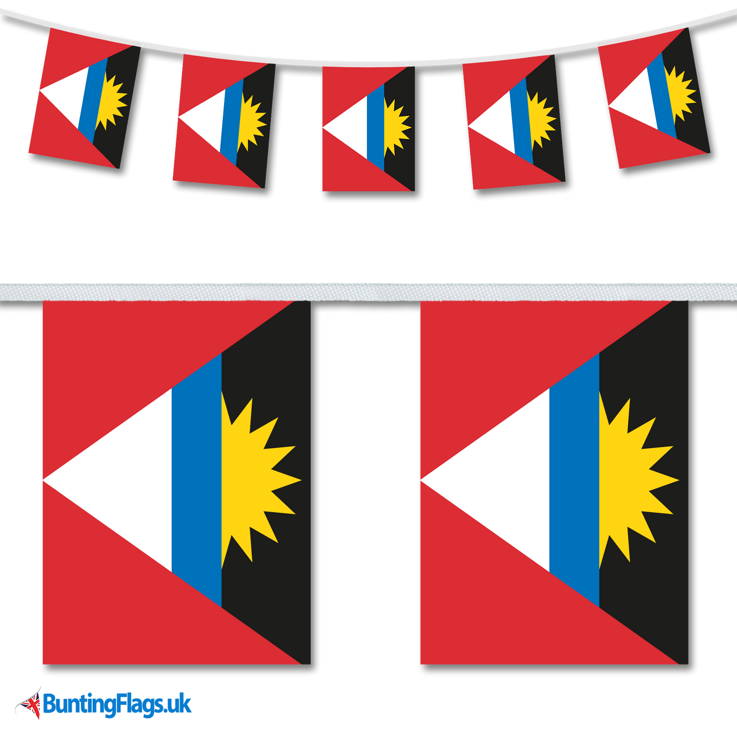 Antigua and Barbuda country flag bunting hanging in a length, along with a close-up view showcasing the flag's design.