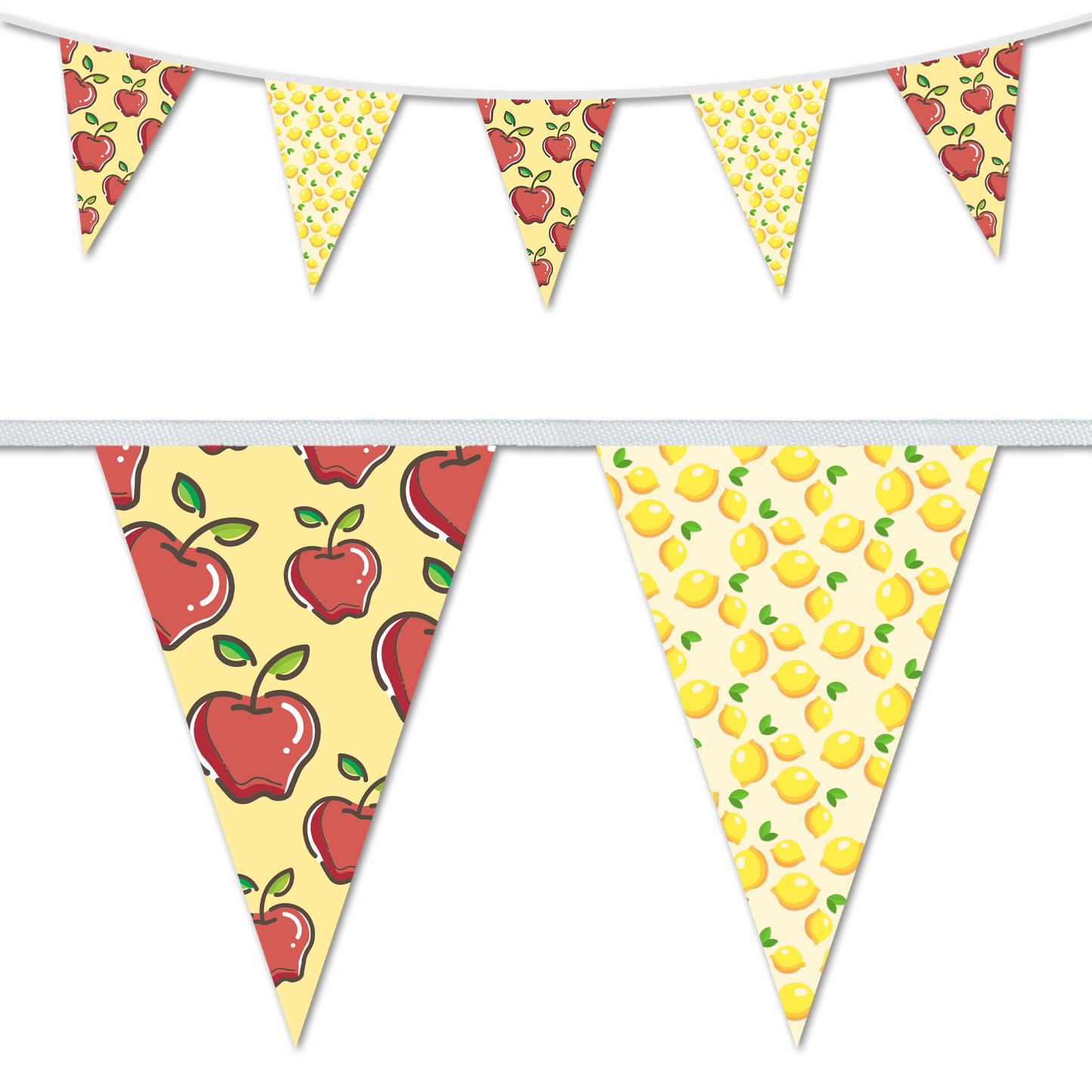 Decorative triangular bunting flags with a colorful design of apples and lemons on a white background, sewn into waterproof webbing.