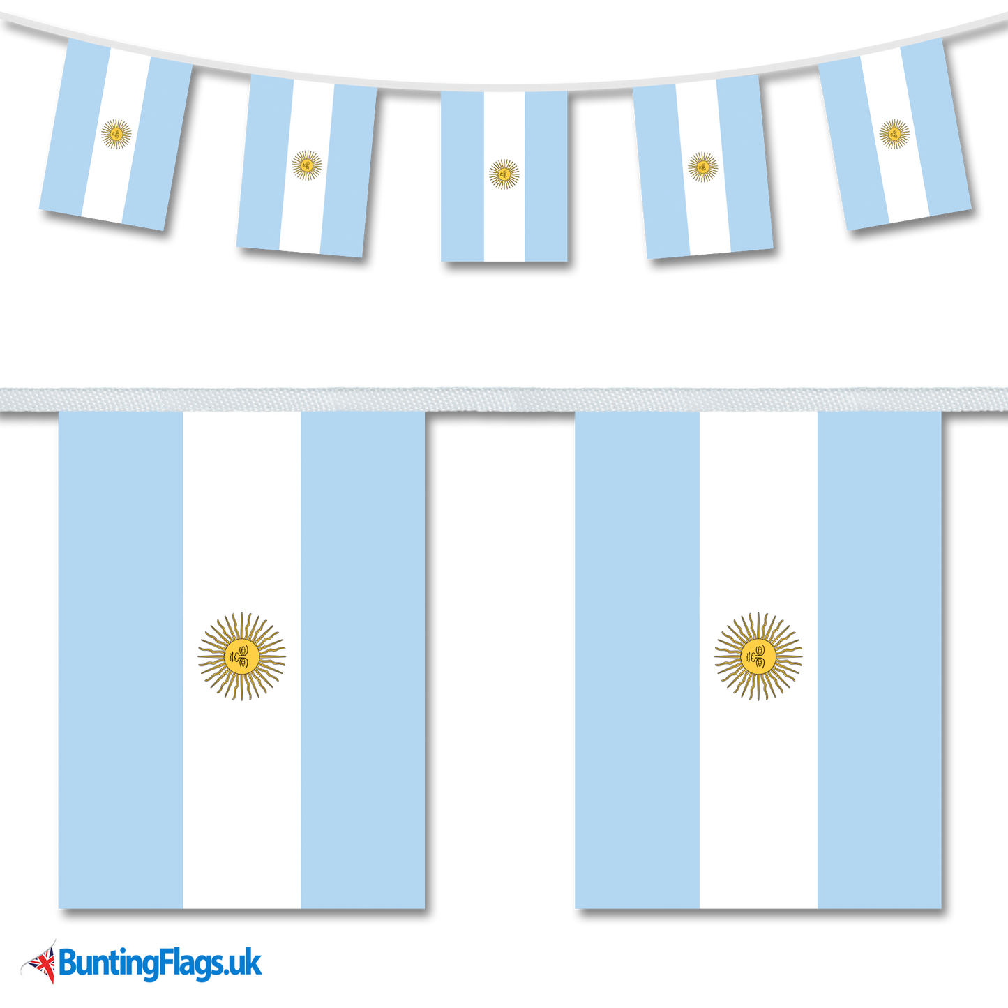 Argentina country flag bunting hanging in a length, along with a close-up view showcasing the flag's design.