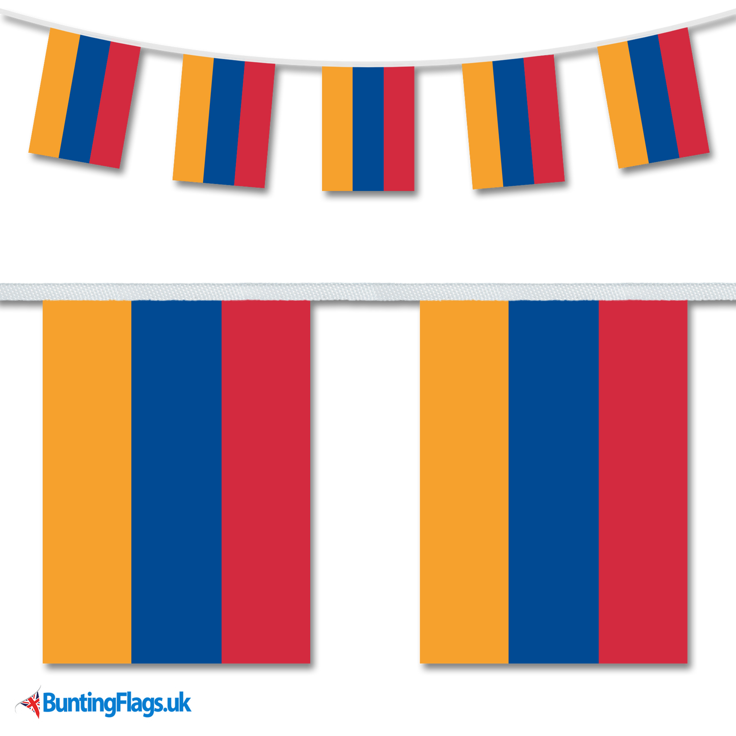 Armenia country flag bunting hanging in a length, along with a close-up view showcasing the flag's design.