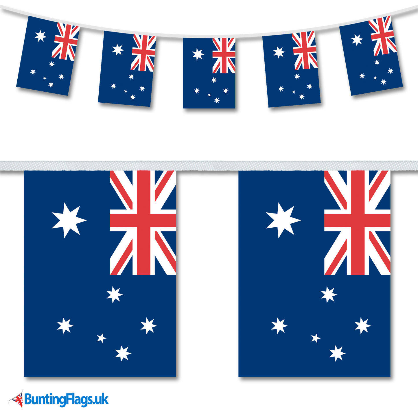 Australia country flag bunting hanging in a length, along with a close-up view showcasing the flag's design.