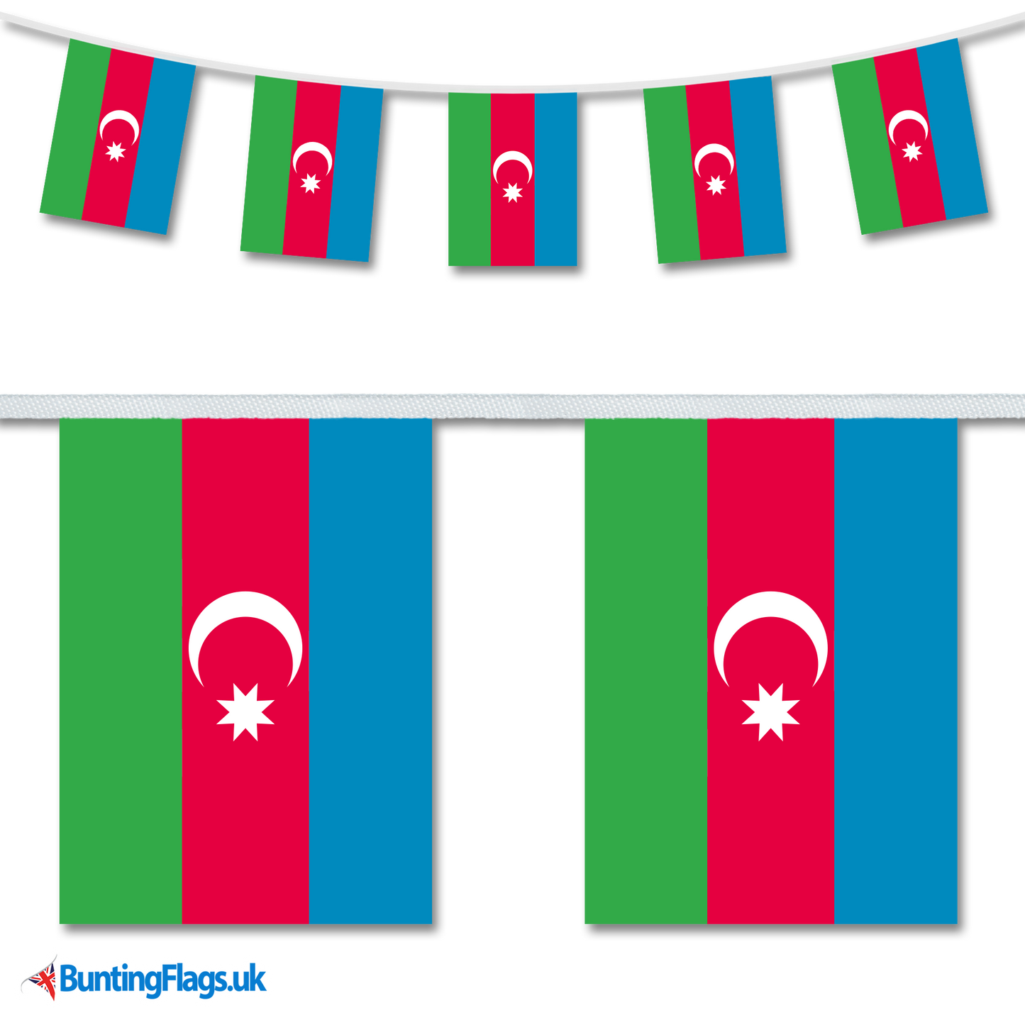 Azerbaijan country flag bunting hanging in a length, along with a close-up view showcasing the flag's design.