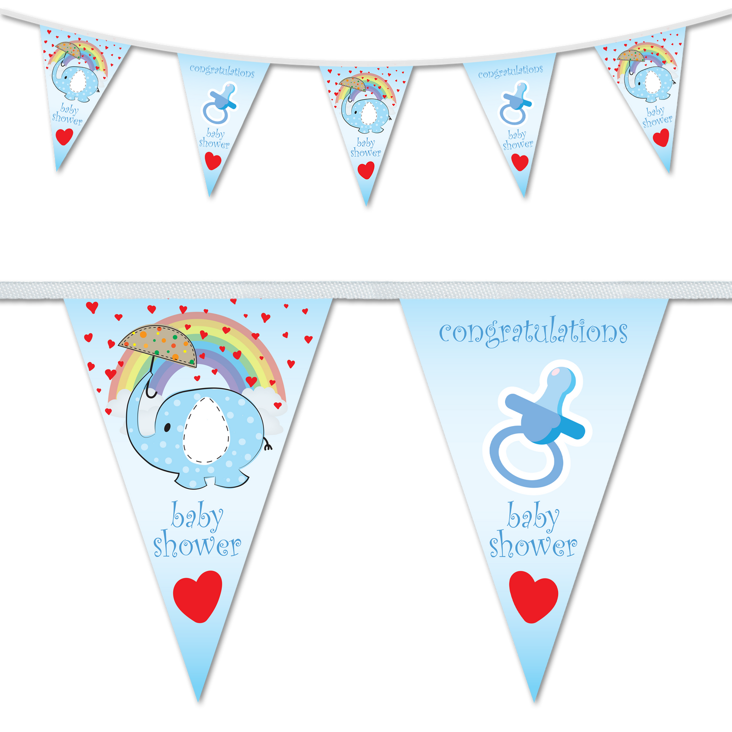 A set of baby shower bunting flags with a design featuring an elephant, a rainbow, and a pacifier dummy along with the text 'CONGRATULATIONS' and 'BABY SHOWER'.