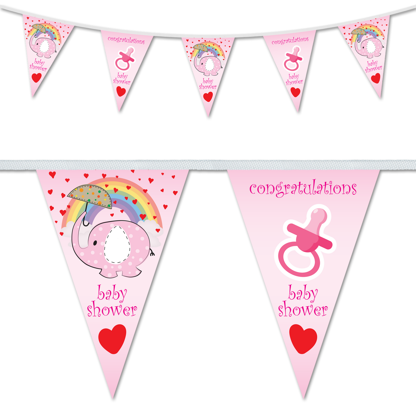 Triangle-shaped baby shower bunting flags with a design of an elephant and a rainbow, surrounded by hearts and the text 'CONGRATULATIONS'.