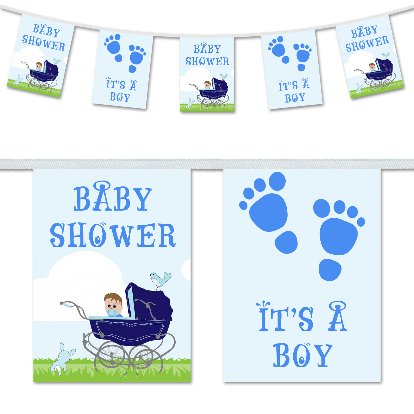 A set of baby shower bunting flags with a blue theme, featuring illustrations of a pram, a baby, and footprints.