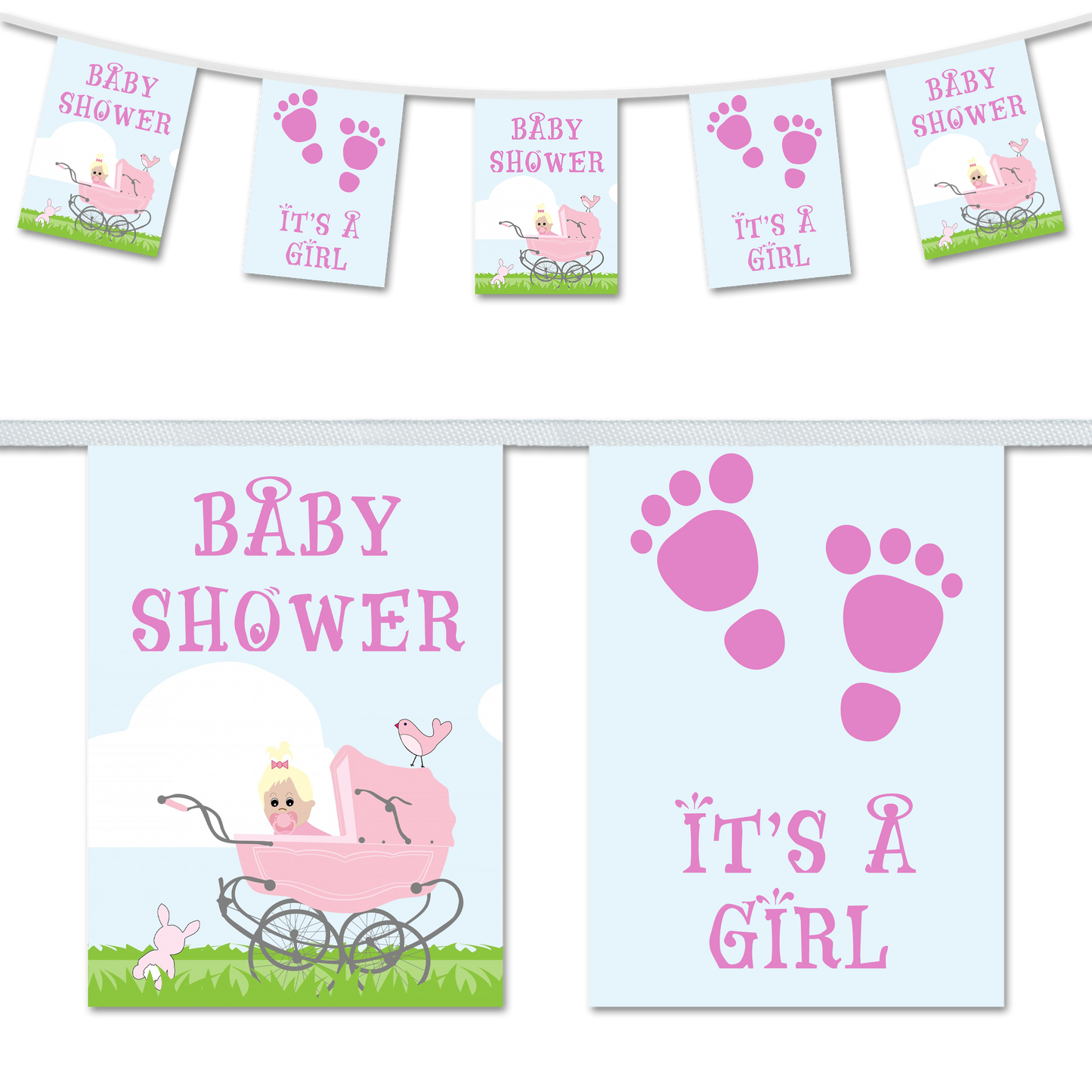 A set of baby shower bunting flags with a girl-themed design, including the text 'Baby Shower' and 'It's a Girl!', along with images of a pink pram and a pair of feet with a paw print design.