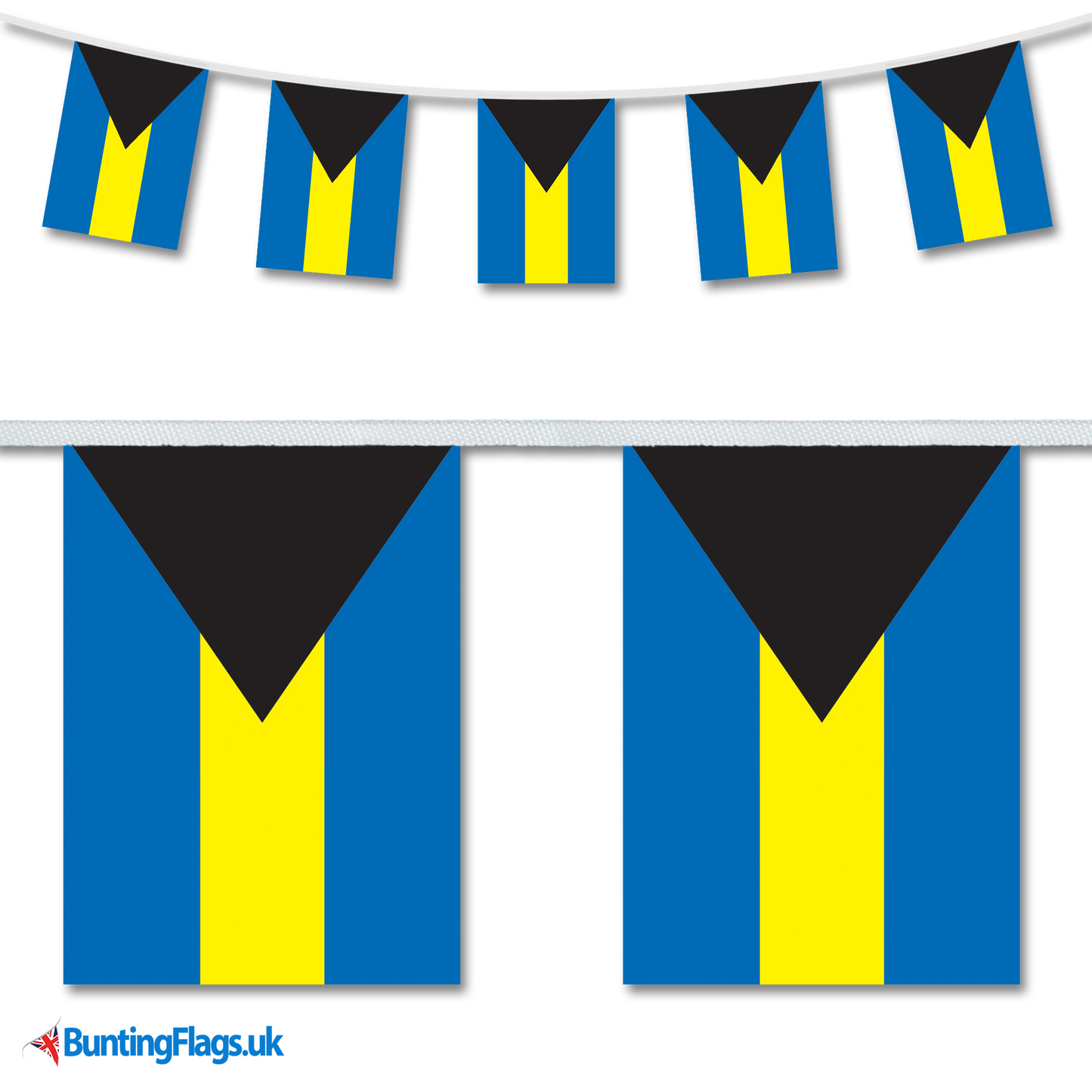 Bahamas country flag bunting hanging in a length, along with a close-up view showcasing the flag's design.