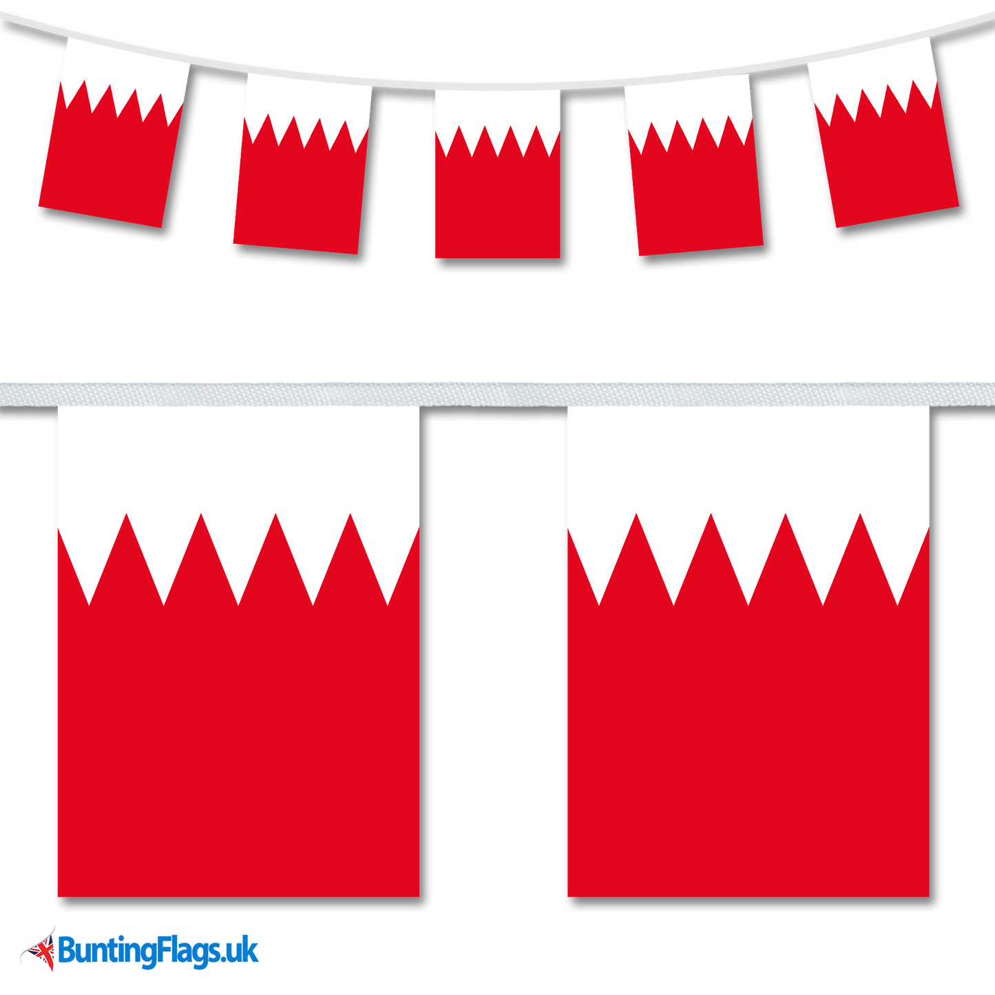 Bahrain country flag bunting hanging in a length, along with a close-up view showcasing the flag's design.