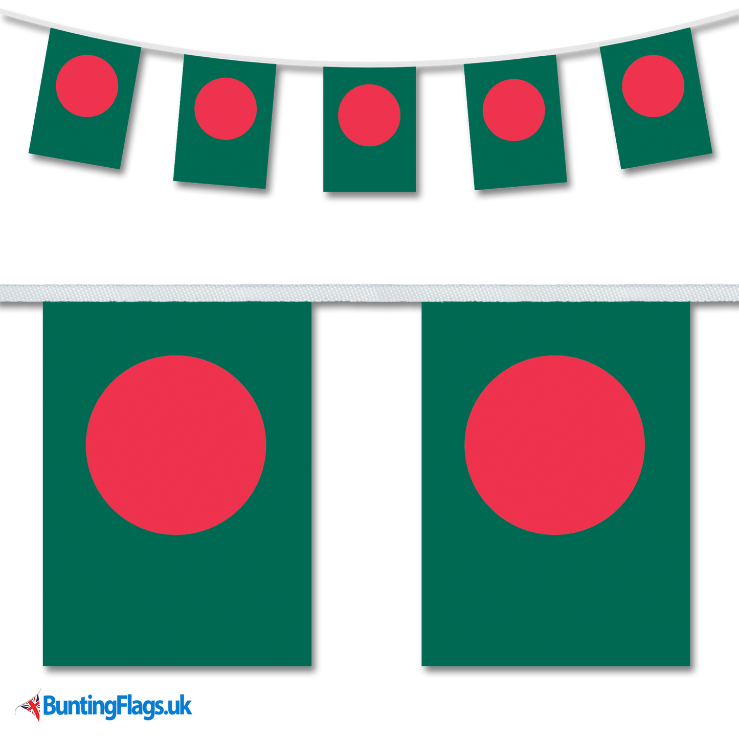 Bangladesh country flag bunting hanging in a length, along with a close-up view showcasing the flag's design.