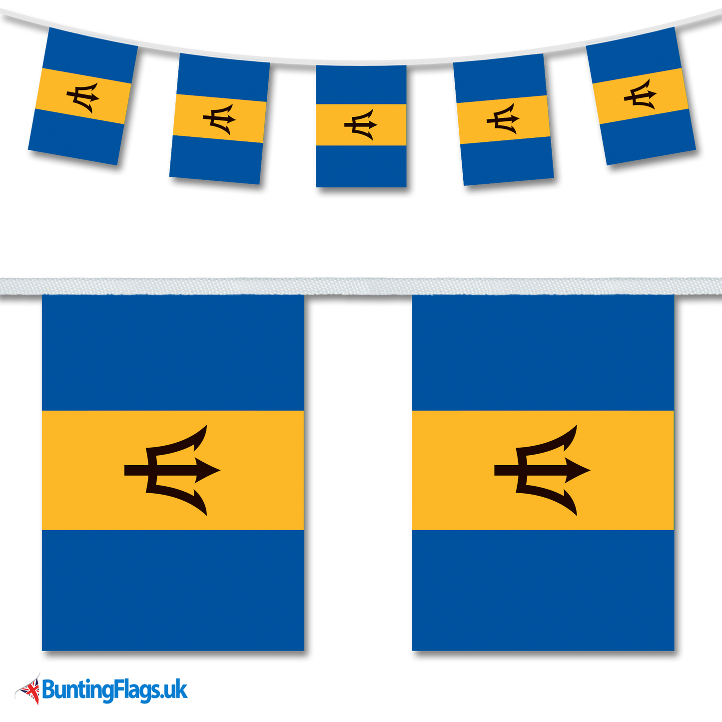 Barbados country flag bunting hanging in a length, along with a close-up view showcasing the flag's design.