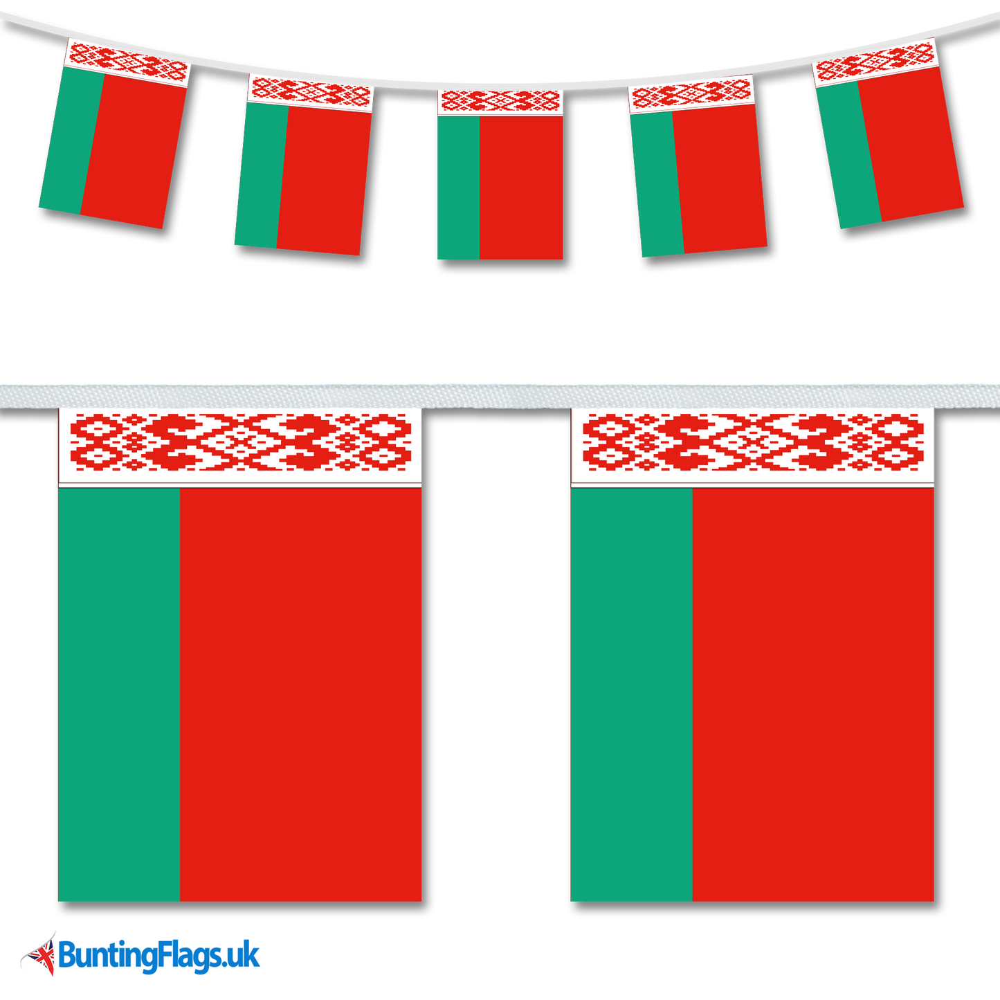 Belarus country flag bunting hanging in a length, along with a close-up view showcasing the flag's design.
