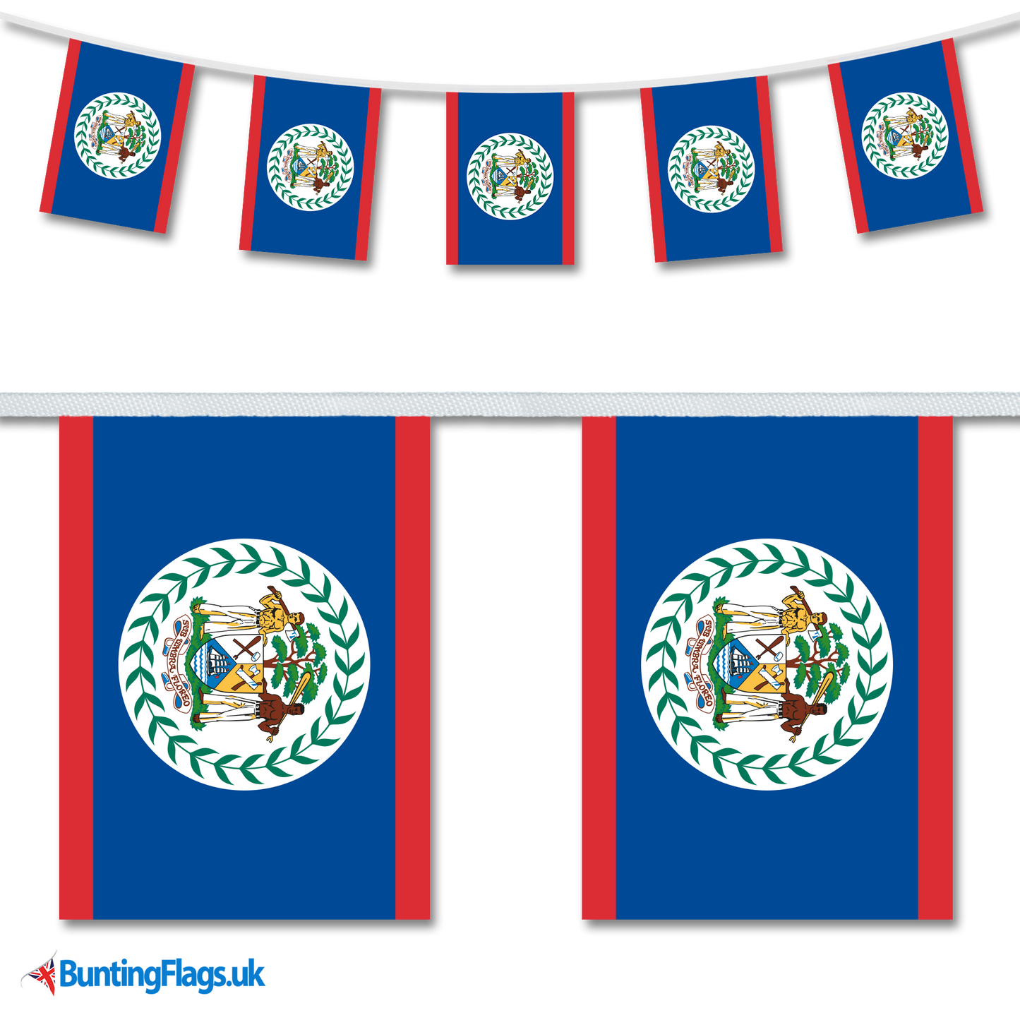 Belize country flag bunting hanging in a length, along with a close-up view showcasing the flag's design.