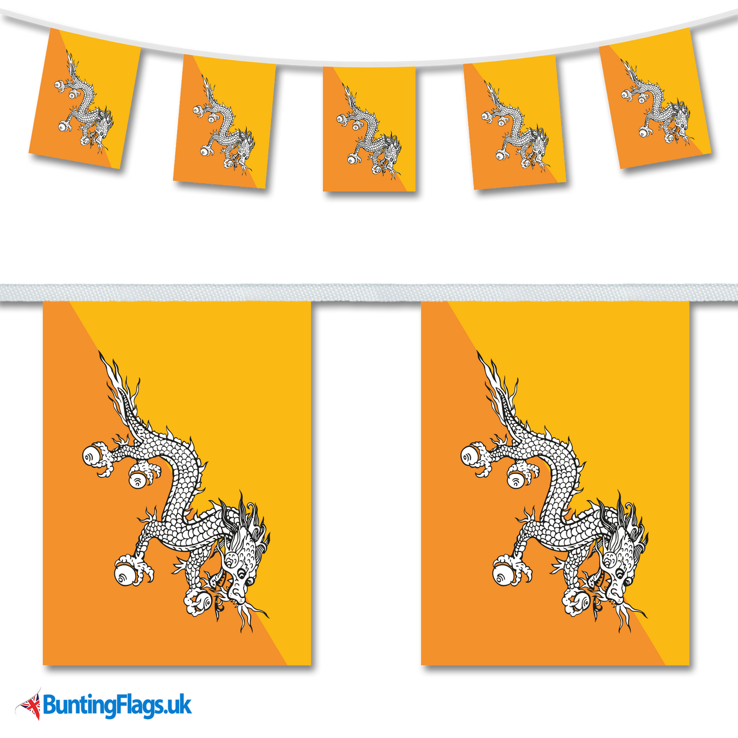 Bhutan country flag bunting hanging in a length, along with a close-up view showcasing the flag's design.