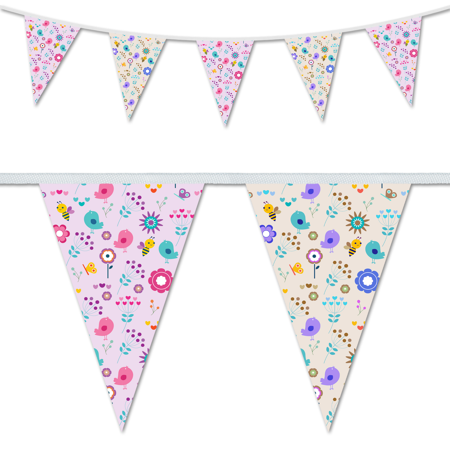 Triangular bunting flags with a nature-themed design featuring birds and bees.