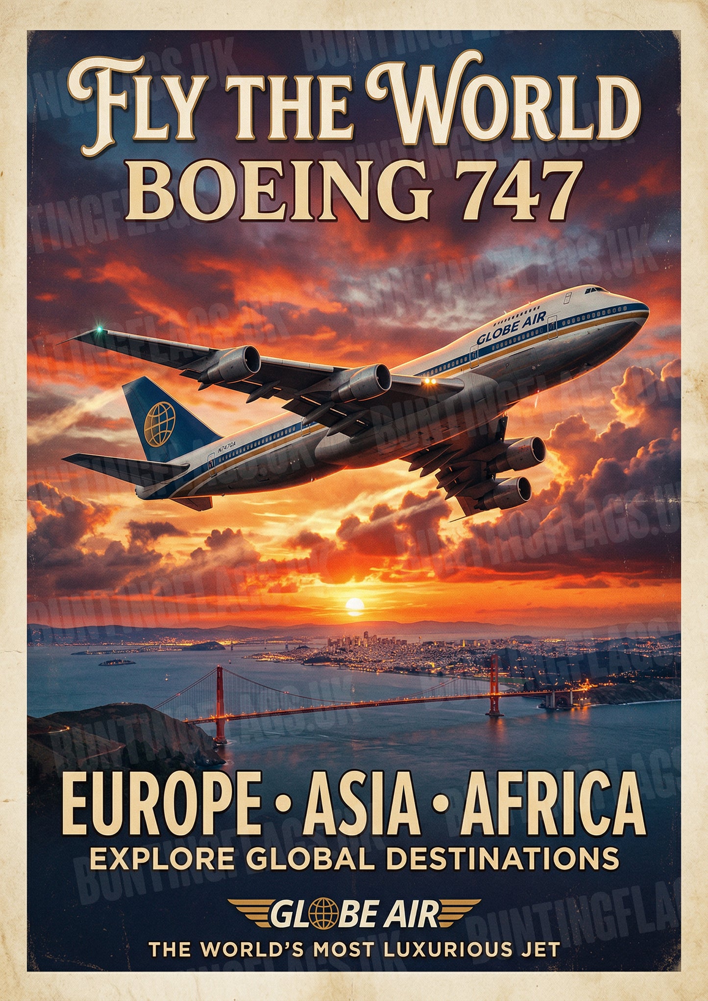 Fly the World – Boeing 747 – Vintage Globe Air Poster