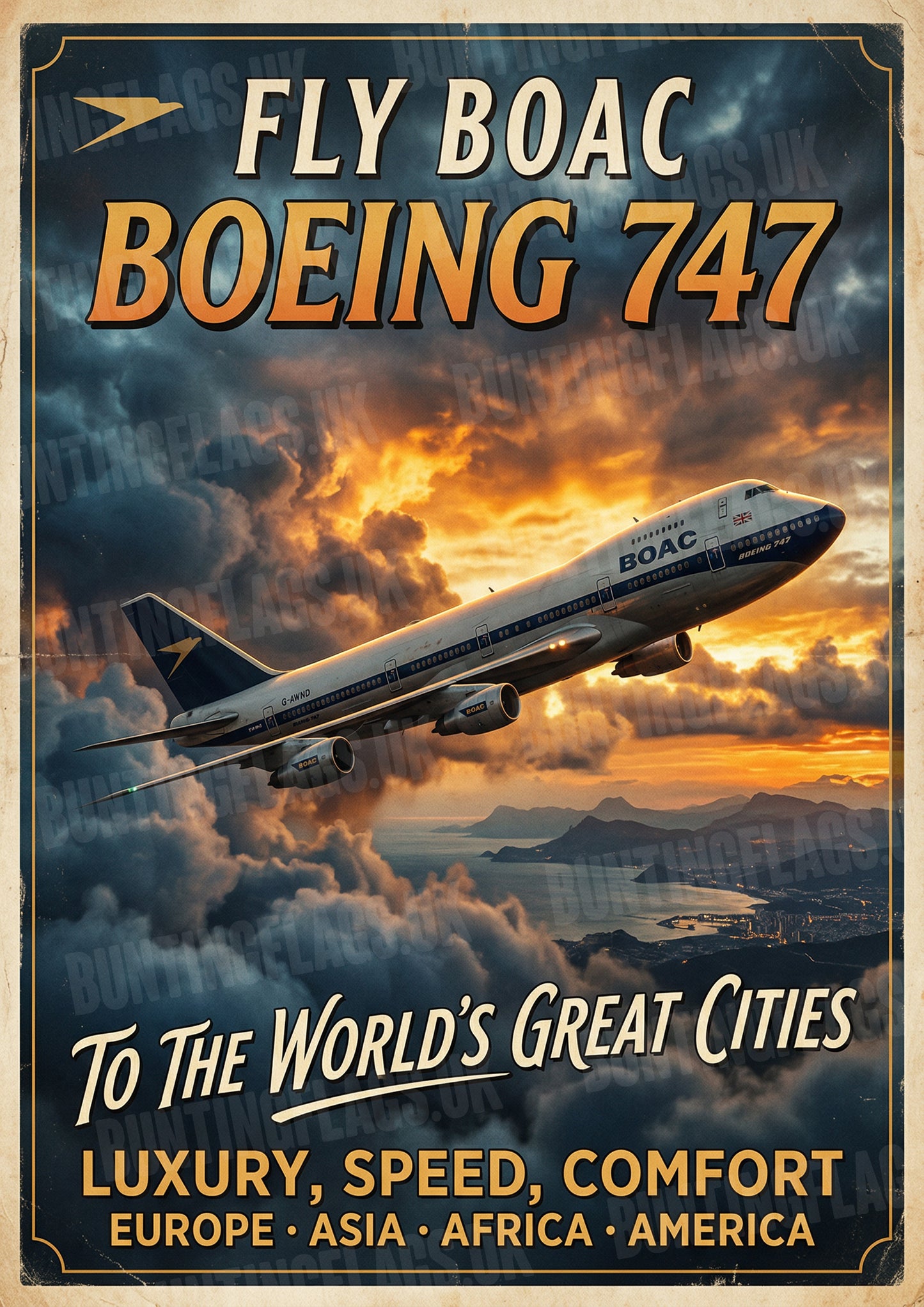 Vintage BOAC Boeing 747 Airline Poster – Golden Hour Sunset Art