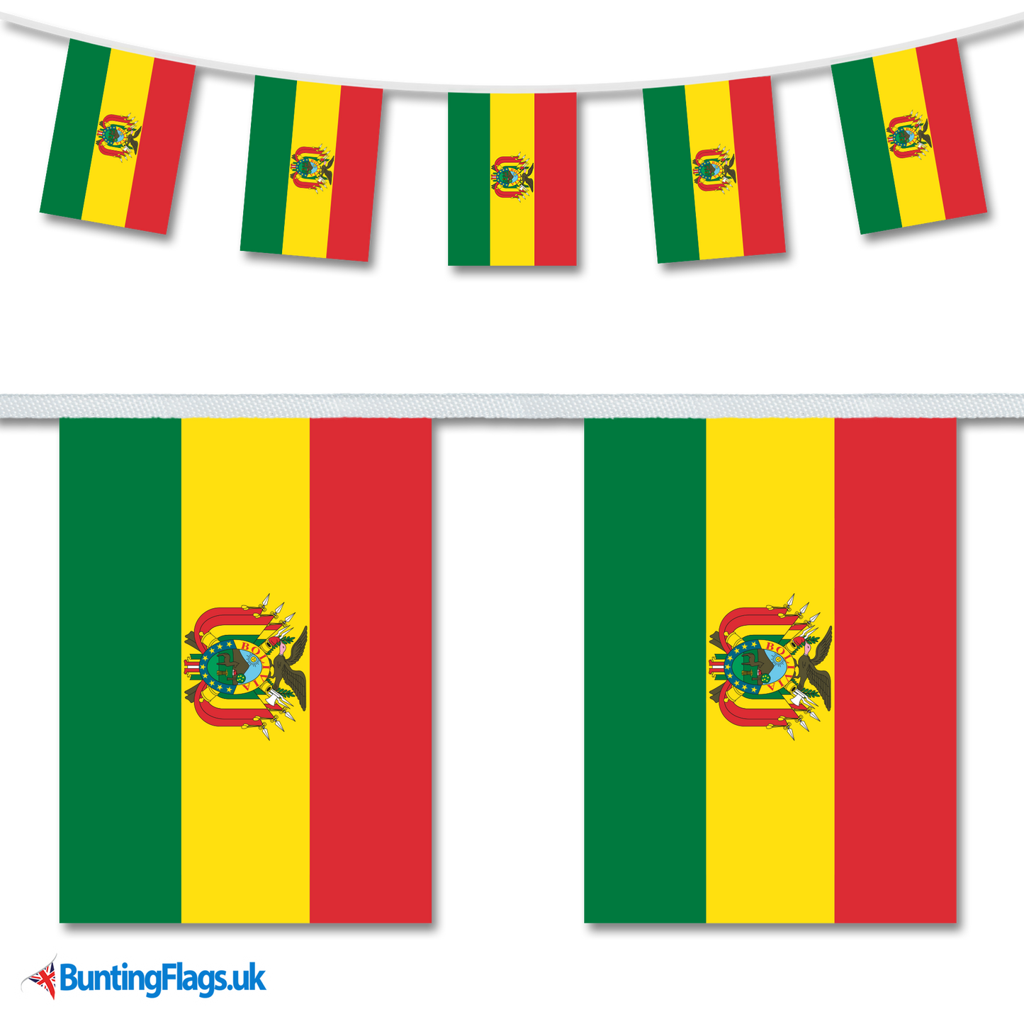 Bolivia country flag bunting hanging in a length, along with a close-up view showcasing the flag's design.