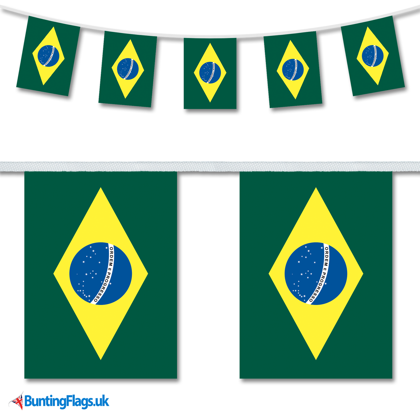 Brazil country flag bunting hanging in a length, along with a close-up view showcasing the flag's design.