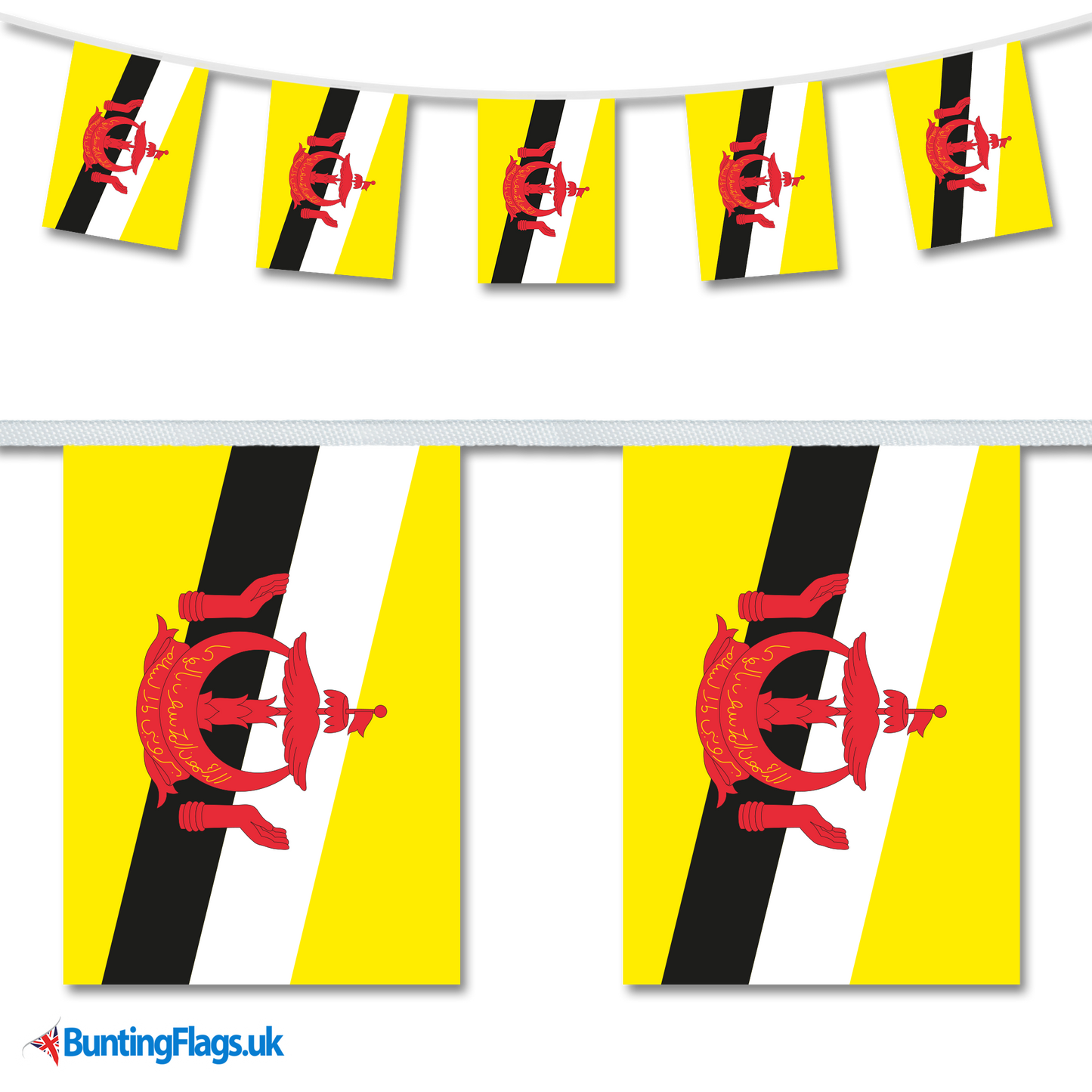 Brunei country flag bunting hanging in a length, along with a close-up view showcasing the flag's design.