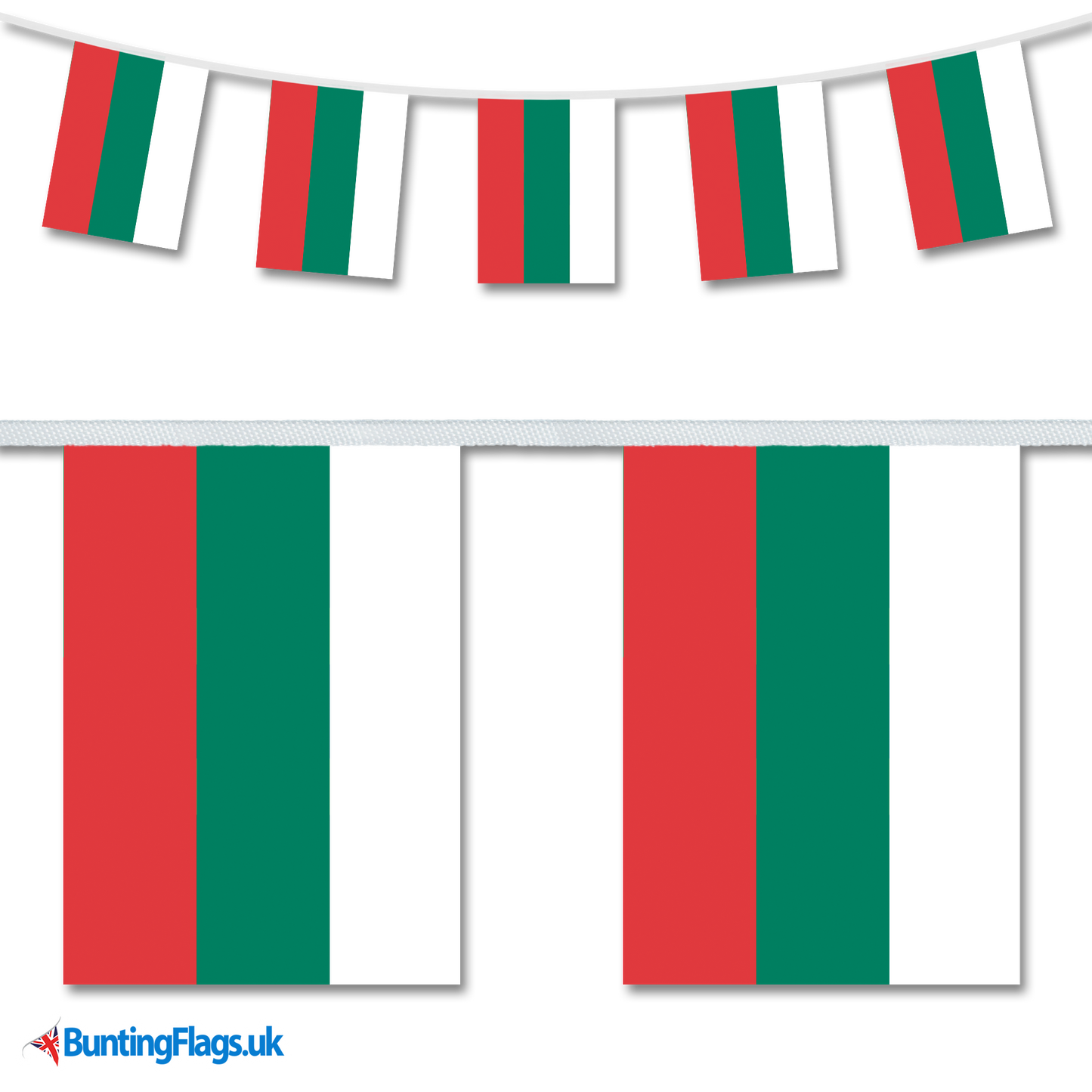 Bulgaria country flag bunting hanging in a length, along with a close-up view showcasing the flag's design.