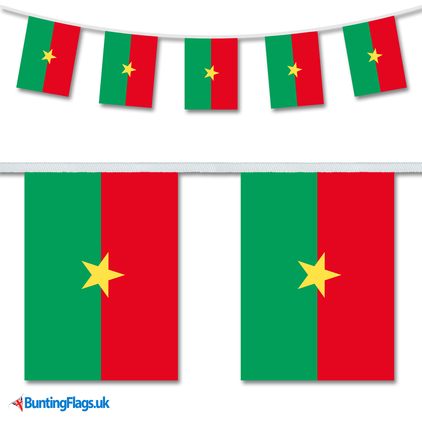 Burkina Faso country flag bunting hanging in a length, along with a close-up view showcasing the flag's design.