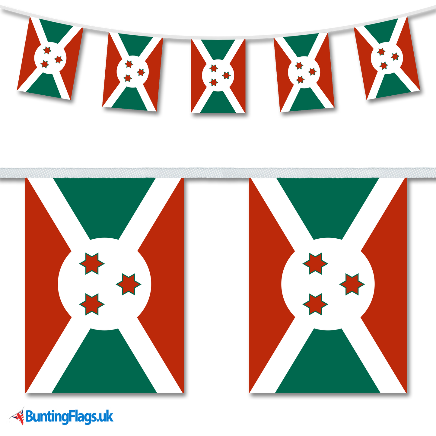 Burundi country flag bunting hanging in a length, along with a close-up view showcasing the flag's design.