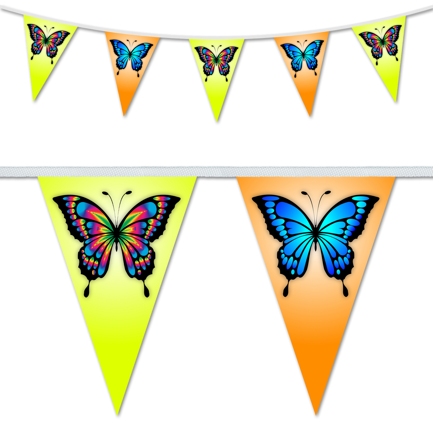 A set of triangular bunting flags with a butterfly design on bright yellow and orange backgrounds