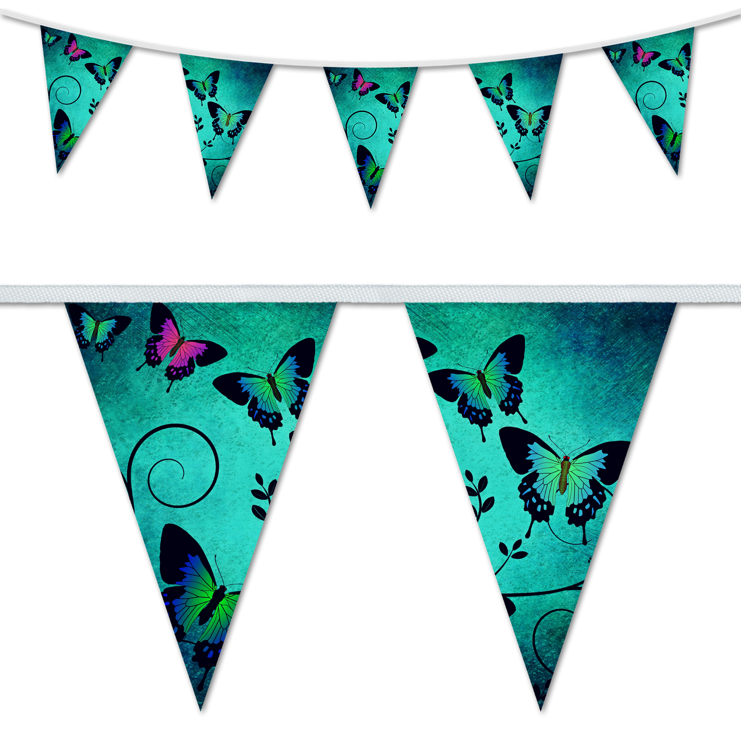 A set of triangular bunting flags with a nature-themed butterfly and floral design on a teal background.