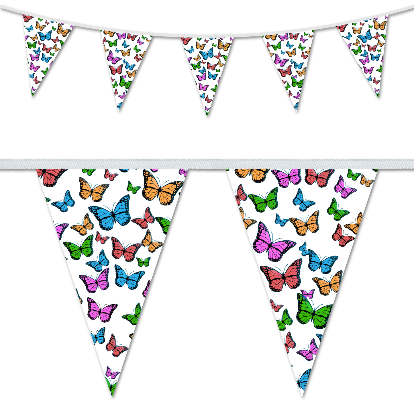 A set of triangular bunting flags with a nature-themed colourful butterfly design.