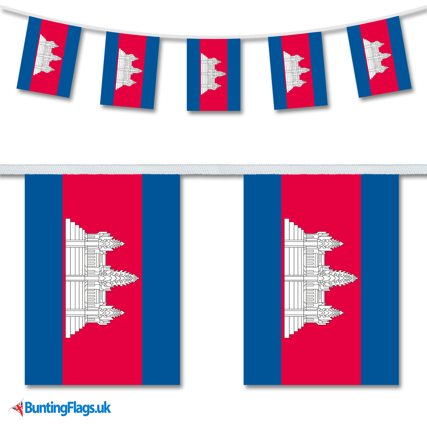 Cambodia country flag bunting hanging in a length, along with a close-up view showcasing the flag's design.