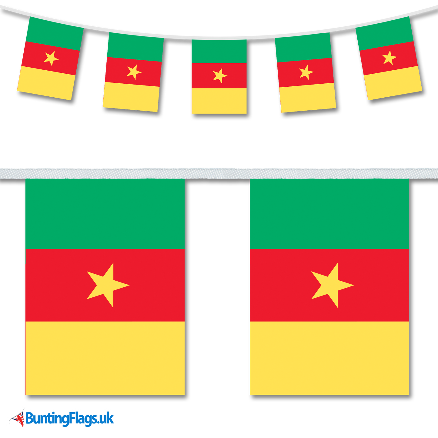 Cameroon country flag bunting hanging in a length, along with a close-up view showcasing the flag's design.