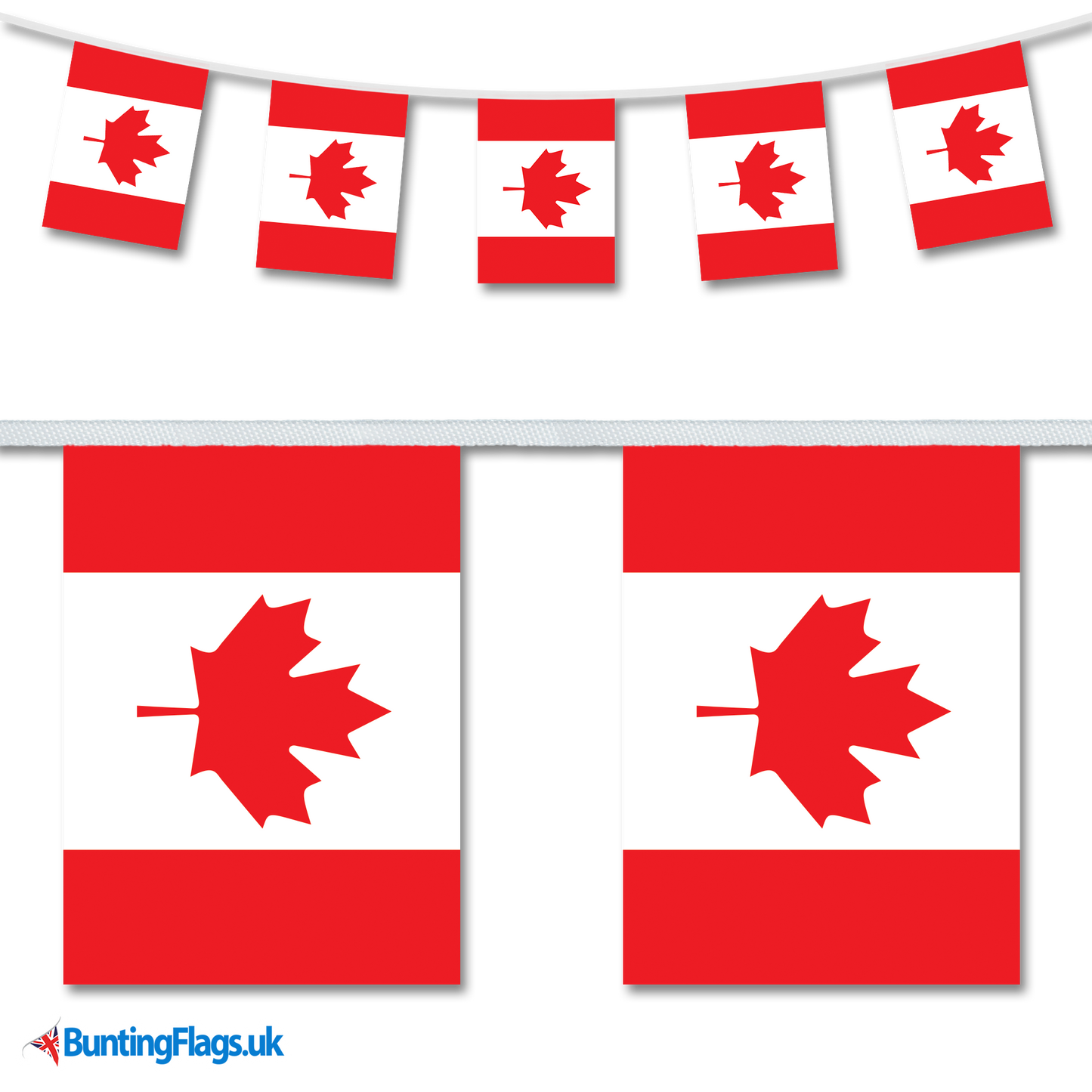 Canada country flag bunting hanging in a length, along with a close-up view showcasing the flag's design.