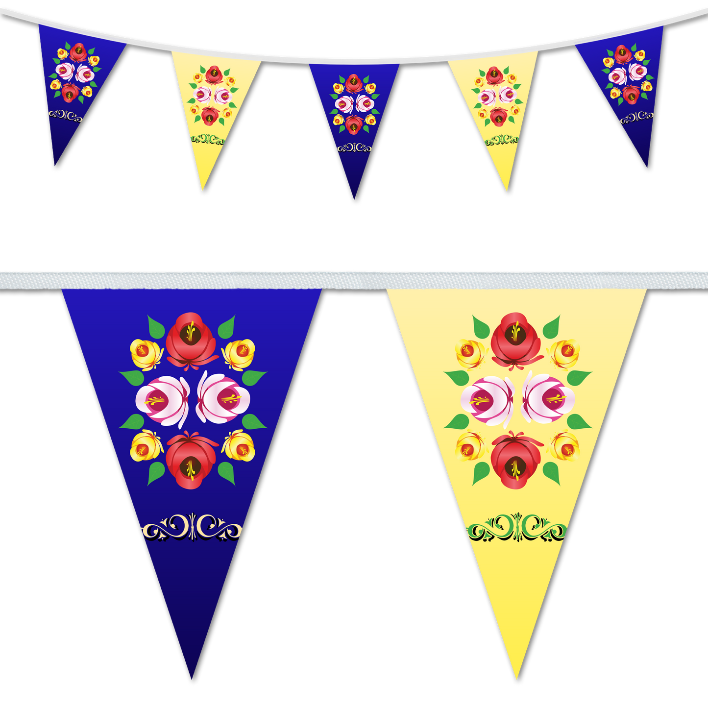 Narrowboat themed bunting in blue and cream featuring traditional canal roses.