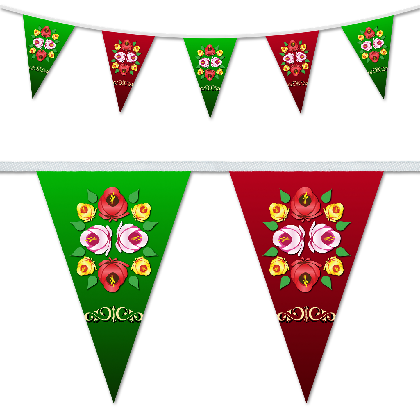 Narrowboat themed bunting in green and red featuring traditional canal roses.