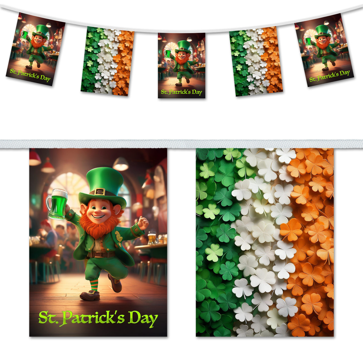 St Patricks Day - Cartoon Leprechaun and Shamrock Flag A5 Bunting
