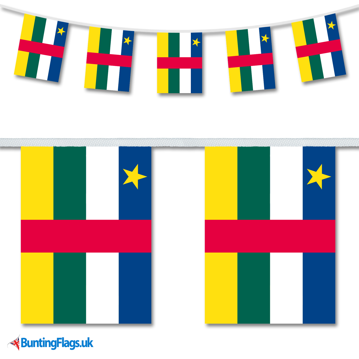 Central African Republic country flag bunting hanging in a length, along with a close-up view showcasing the flag's design.