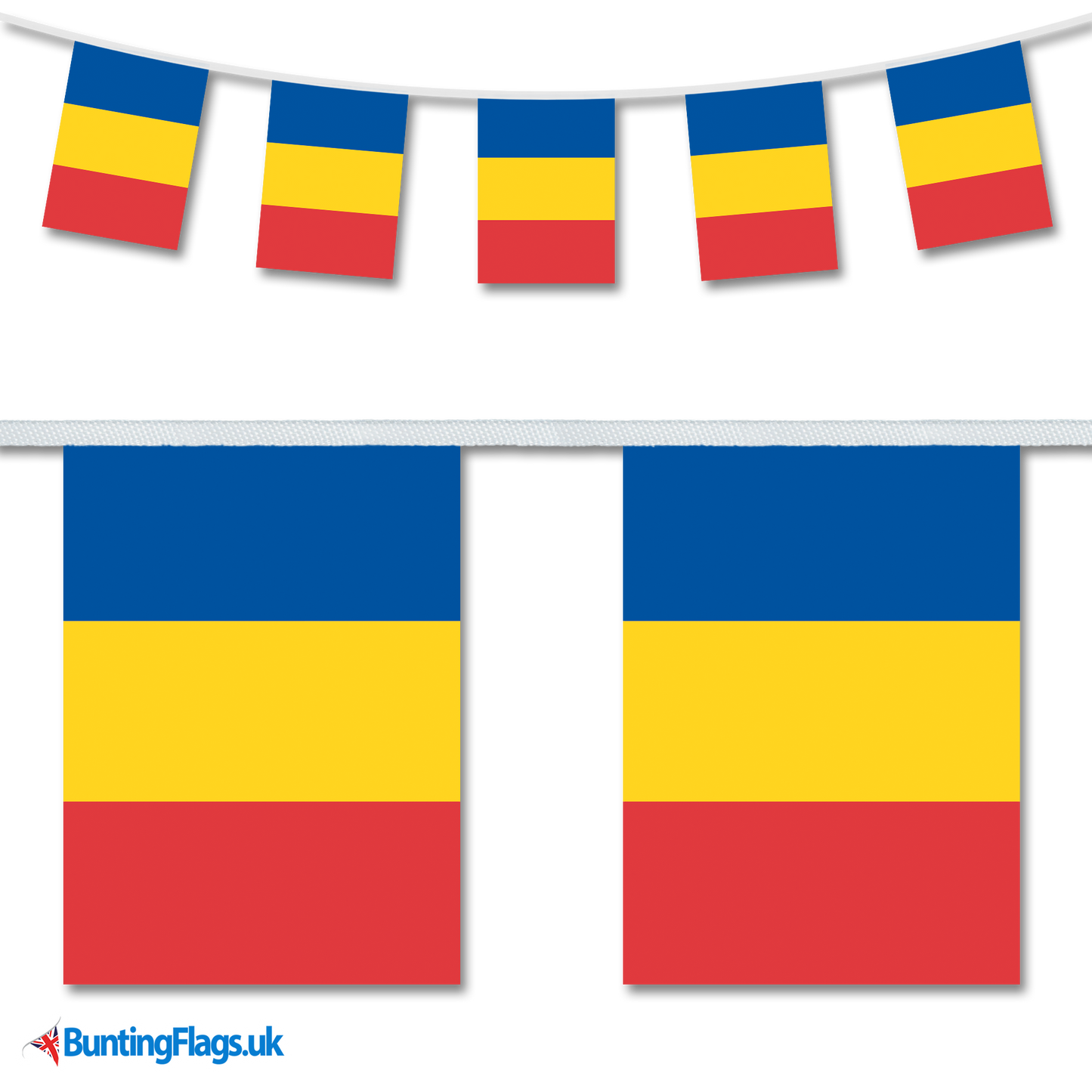 Chad country flag bunting hanging in a length, along with a close-up view showcasing the flag's design.