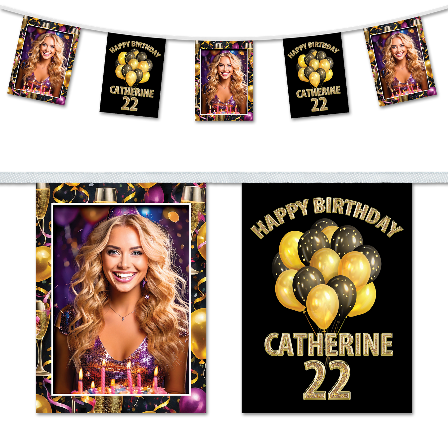 Personalised Birthday Party Bunting Decoration - Champagne & Balloons