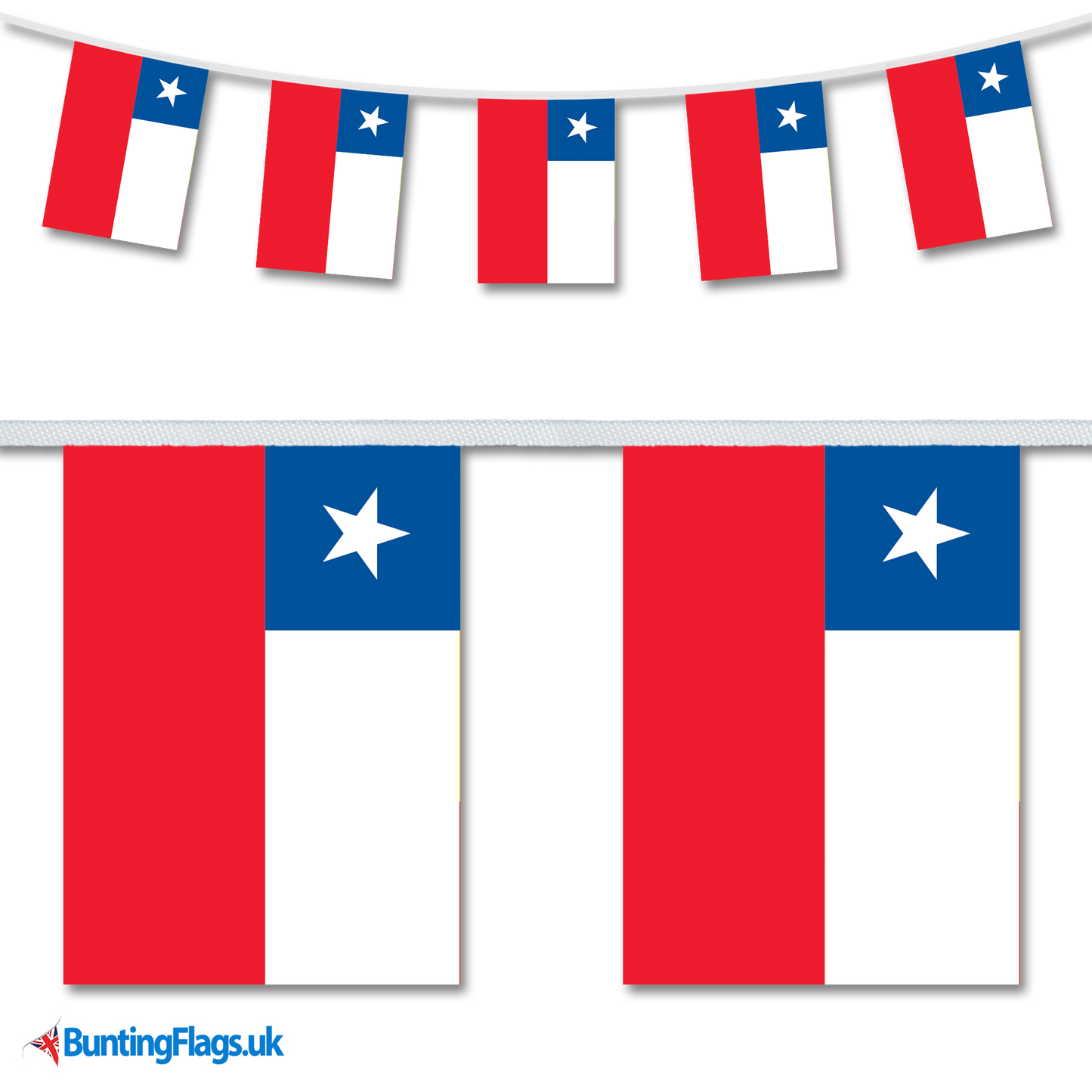 Chile country flag bunting hanging in a length, along with a close-up view showcasing the flag's design.