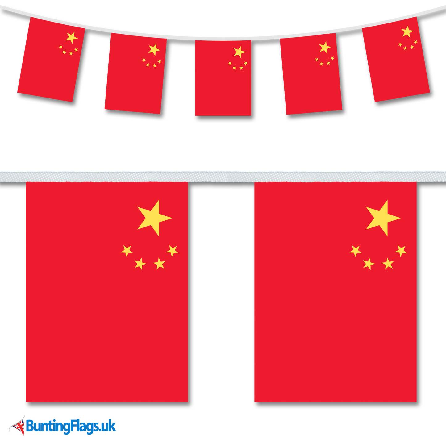 China country flag bunting hanging in a length, along with a close-up view showcasing the flag's design.