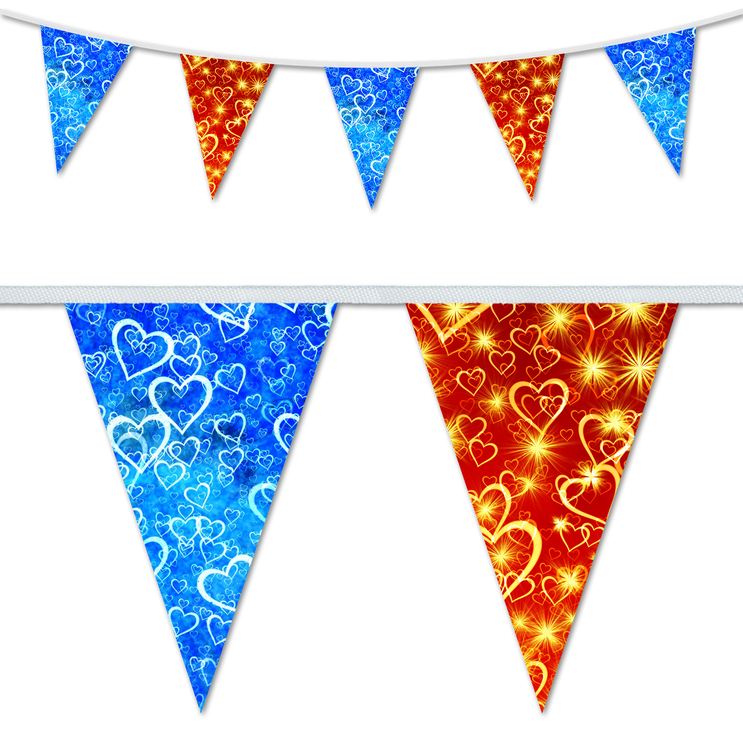 A set of triangular bunting flags with a colored hearts design, in blue, red, and orange colors, with a decorative border at the top.