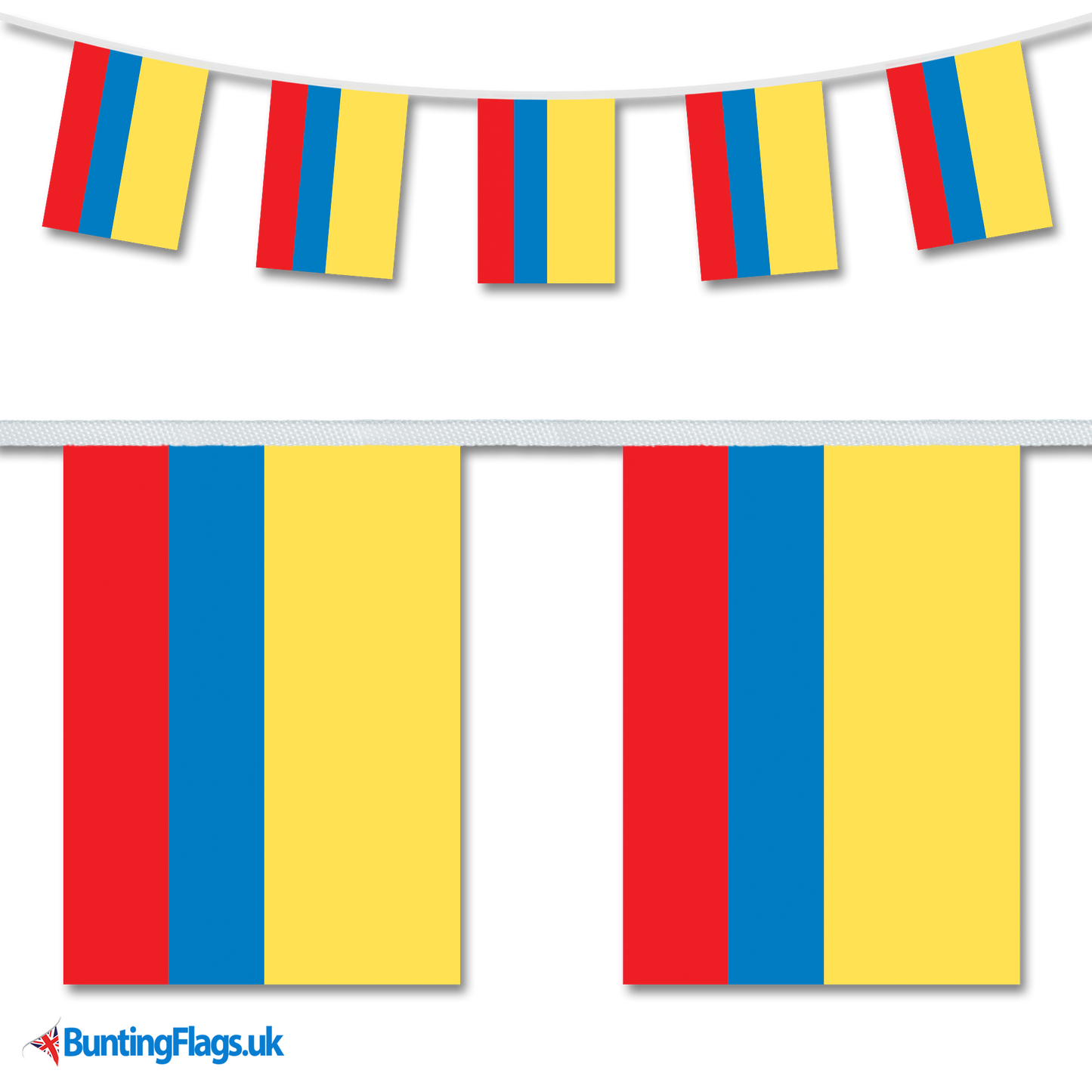 Colombia country flag bunting hanging in a length, along with a close-up view showcasing the flag's design.