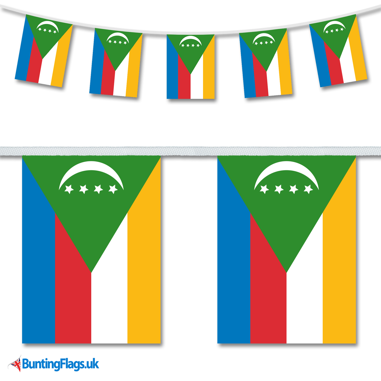 Comoros country flag bunting hanging in a length, along with a close-up view showcasing the flag's design.