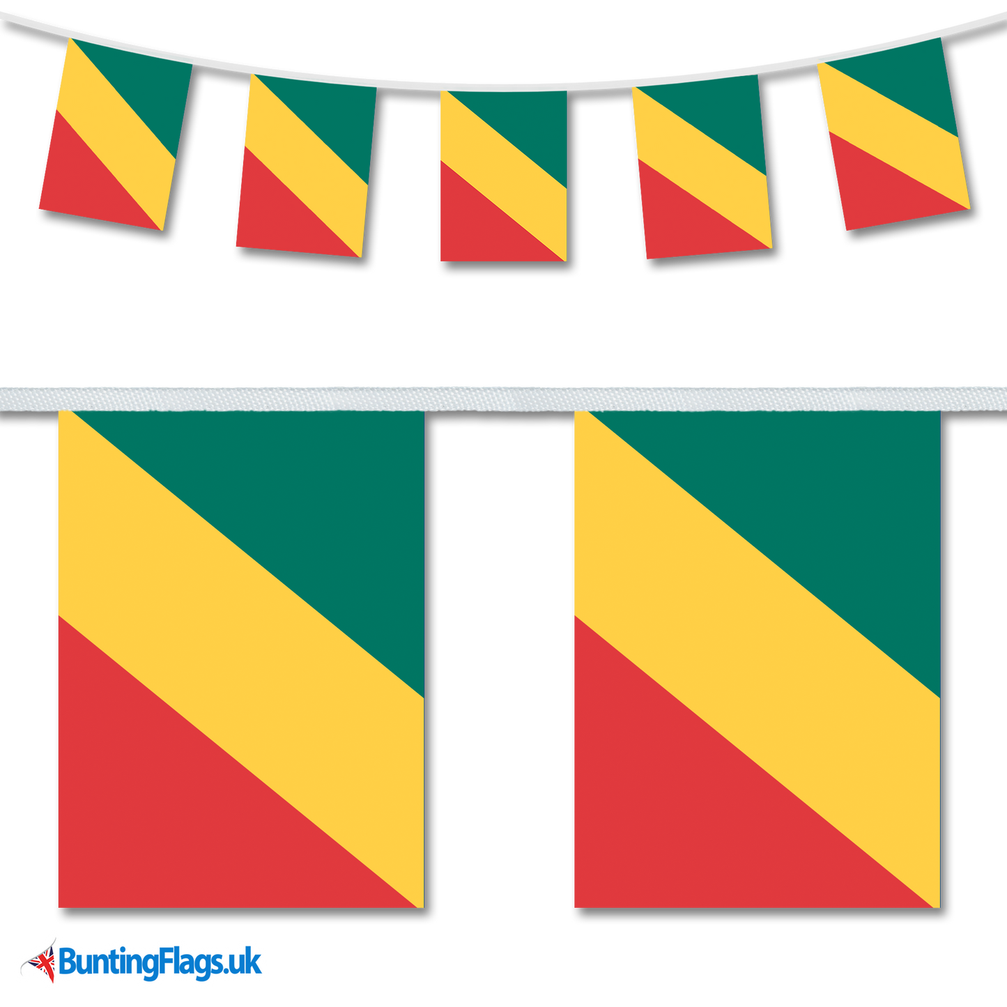 Congo country flag bunting hanging in a length, along with a close-up view showcasing the flag's design.