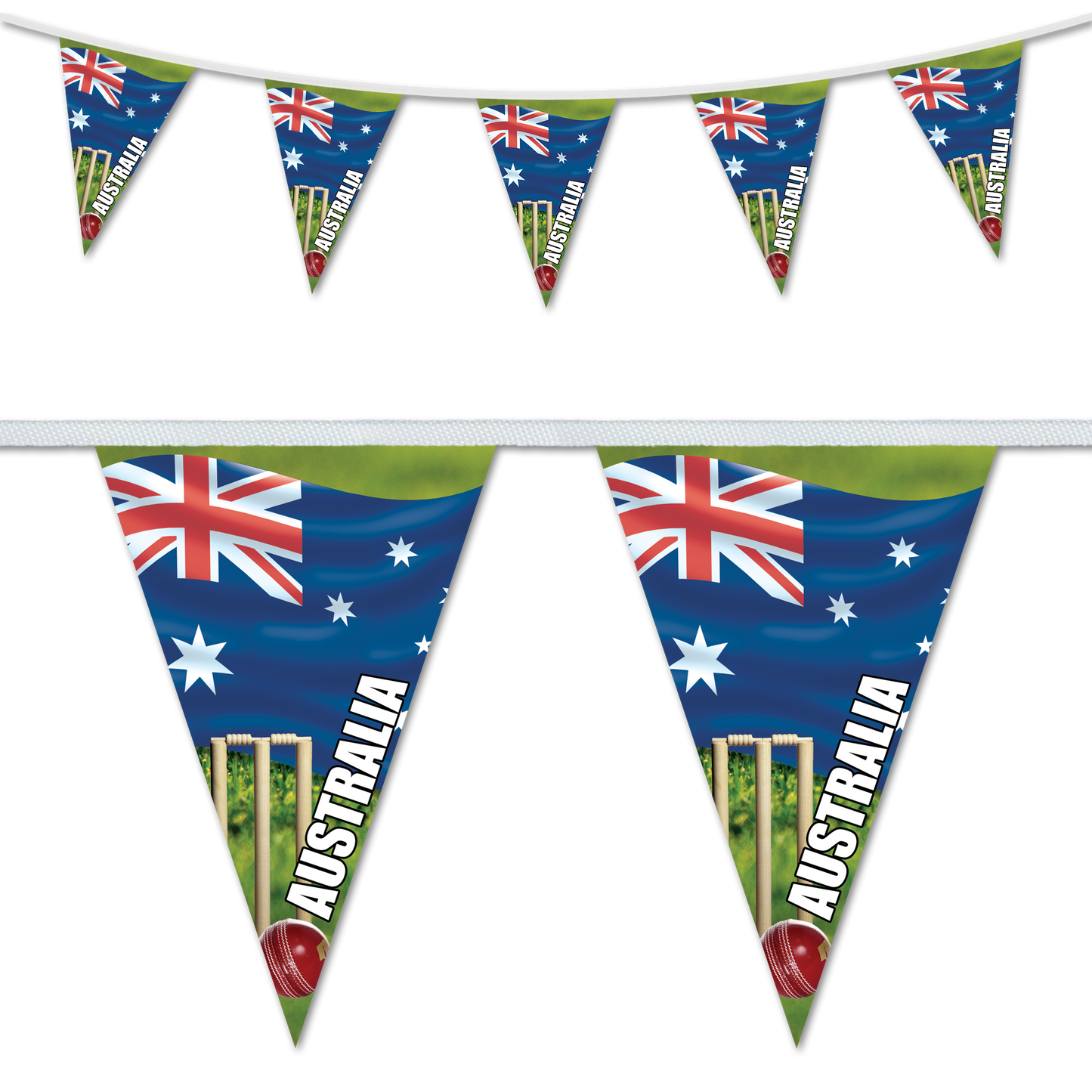 A set of triangular bunting flags with a cricket theme, featuring the Australian flag colors and related cricket terminology.